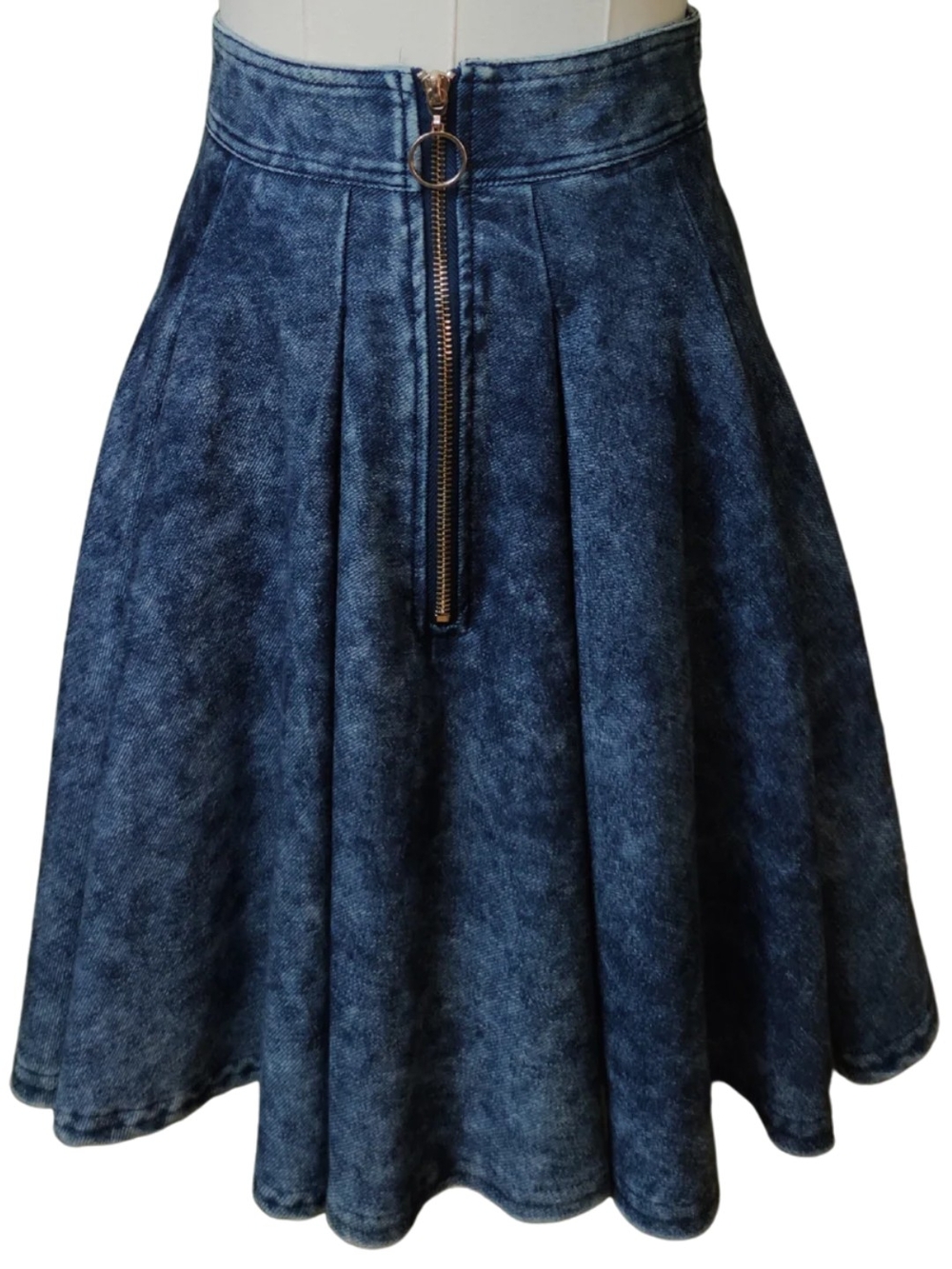 Marilyn Monroe Dark Blue Denim-Effect Skater Skirt with Front Ring Zipper